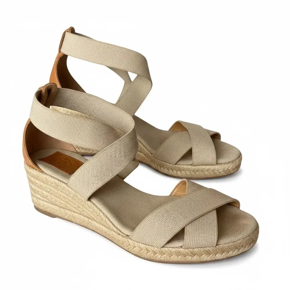 Tory Burch Adonis Beige Canvas Espadrille Wedge Sandals Sz 8.5